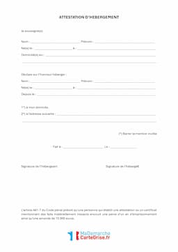 Modèle d'attestation d'hébergement